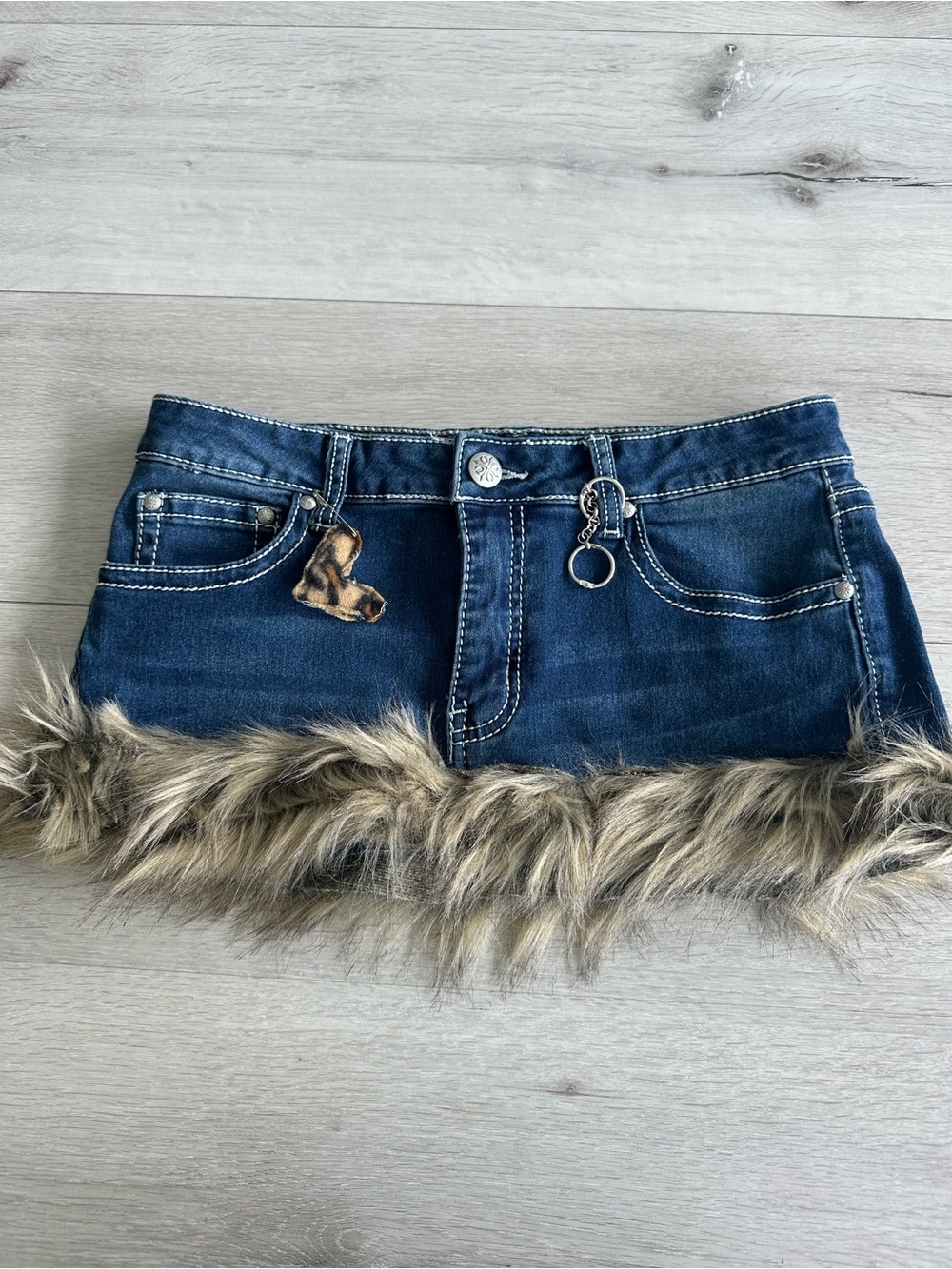 Soundgirl Y2K Micro Mini Skirt with Faux Fur & Embellished Pockets Blue 11 EUC
